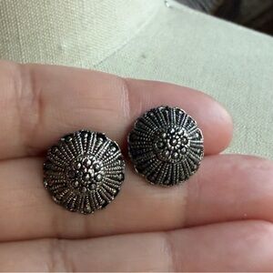 Round Textured Stud Earrings - Antique Silver Tone